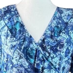 MSK Abstract Ruffle Wrap Midi Dress Stretch Elbow Sleeve Blue Size‎ 14